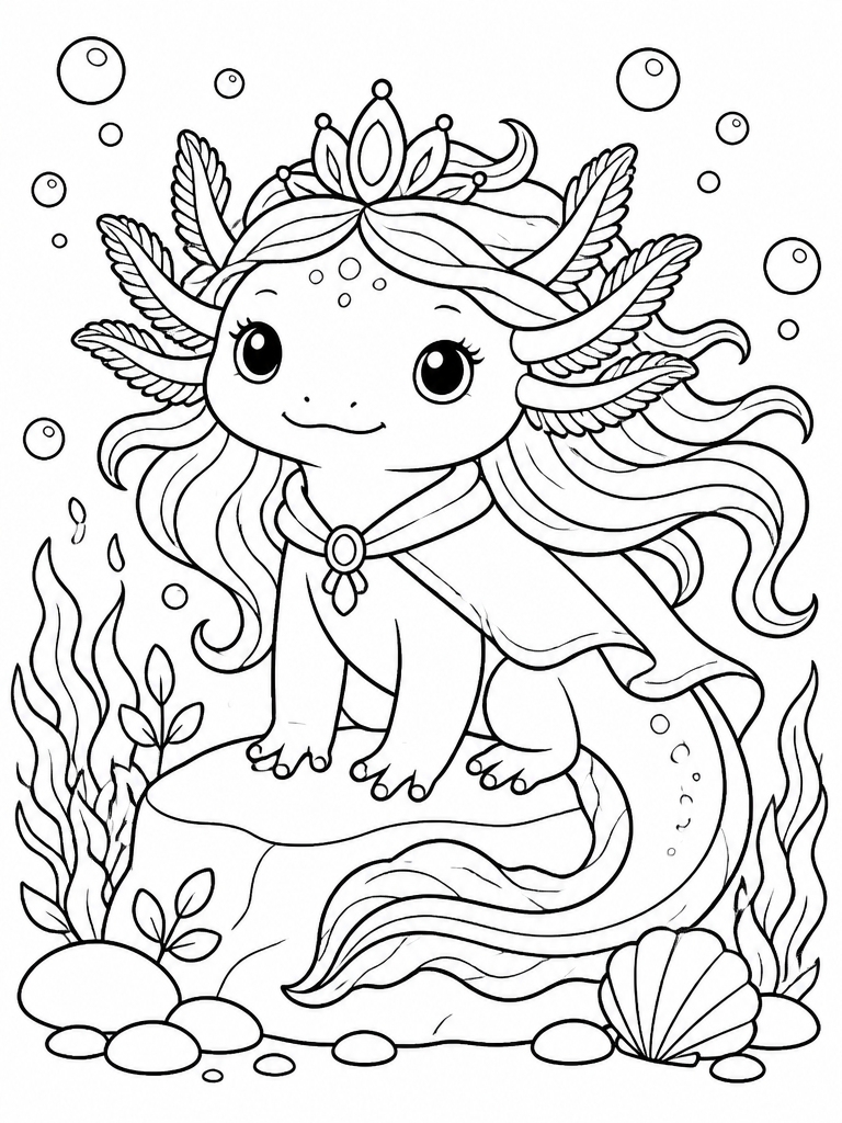 Axolotl with flowing hair and majestic appearance