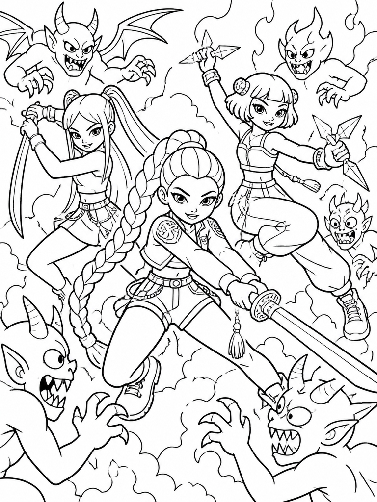 Demon battle scene with Huntrix in action poses