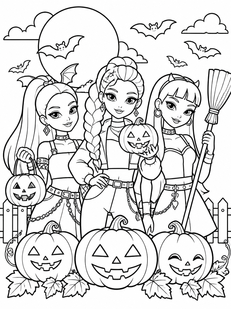 Huntrix Halloween scene with jack-o-lanterns and bats