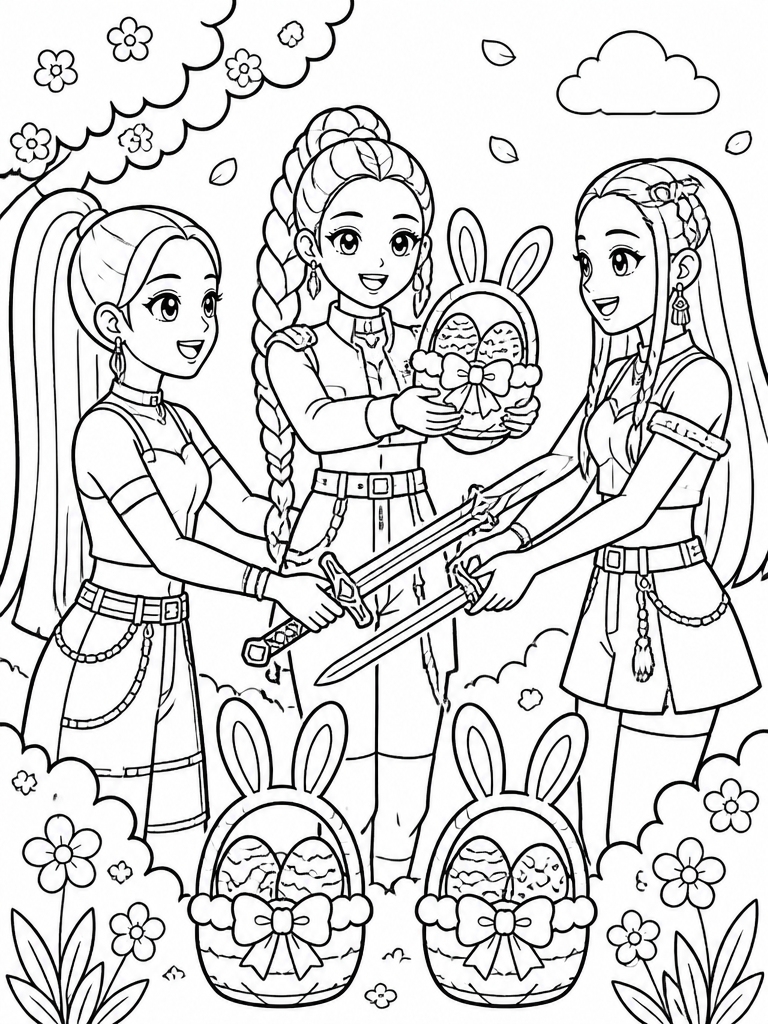 Huntrix girls trading swords for Easter baskets with bunny ears
