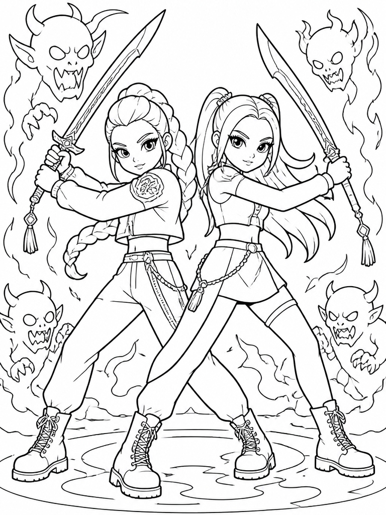 Huntrix pair in synchronized demon hunting pose