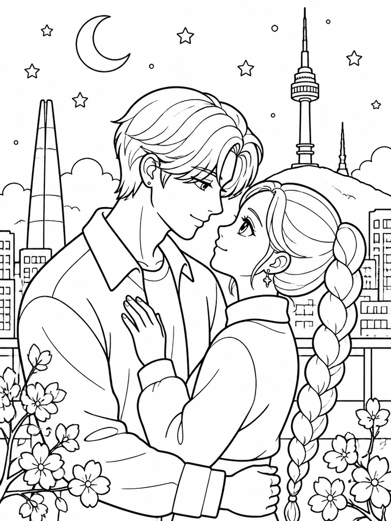 Jinu and Rumi romantic moment with Seoul skyline backdrop
