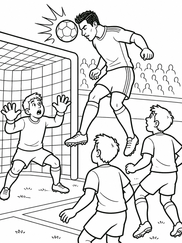 Ronaldo scoring a powerful header in the box