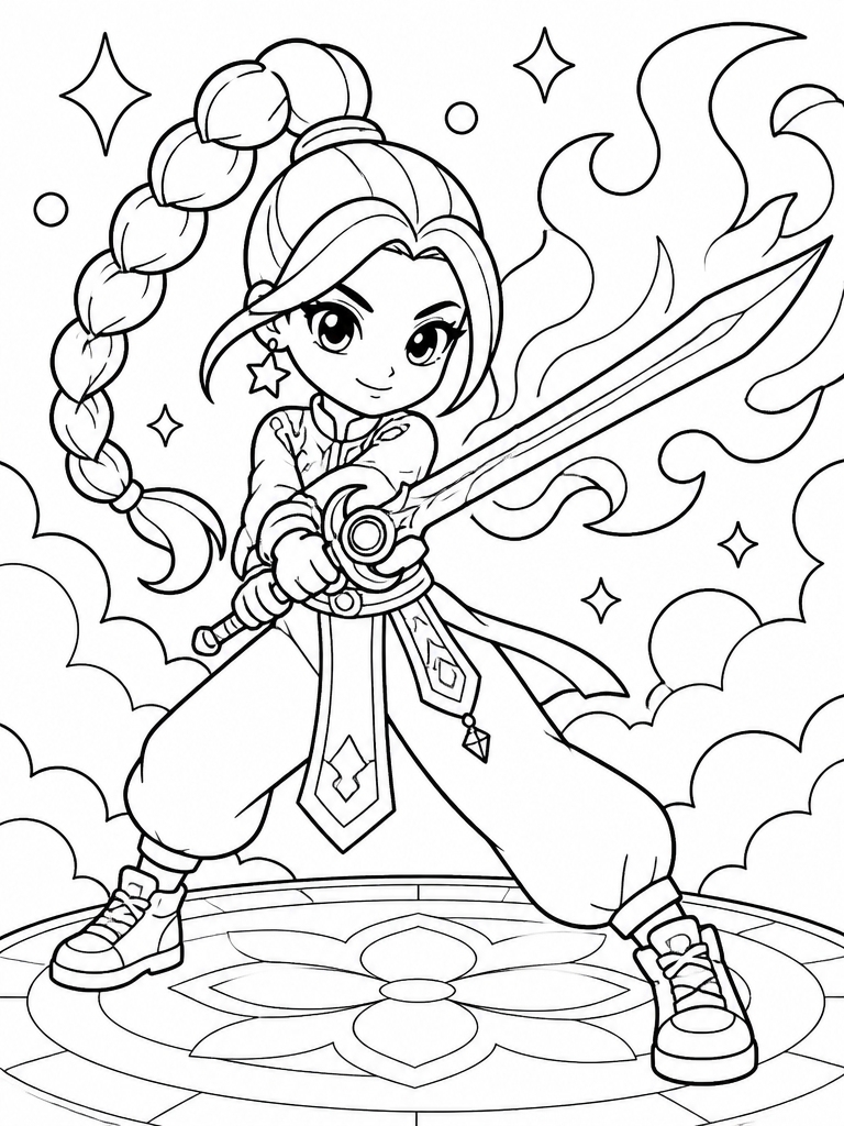 Rumi's iconic pose with enchanted sword ready for action