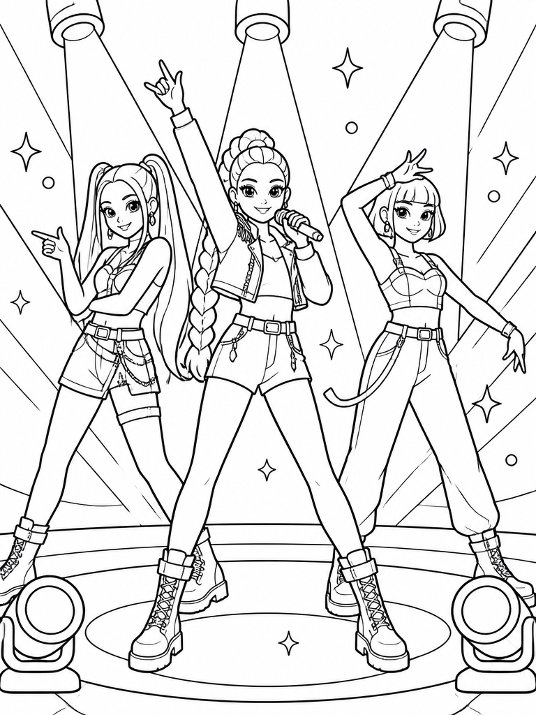 Three-panel Huntrix moment with heart-hand poses and floating hearts