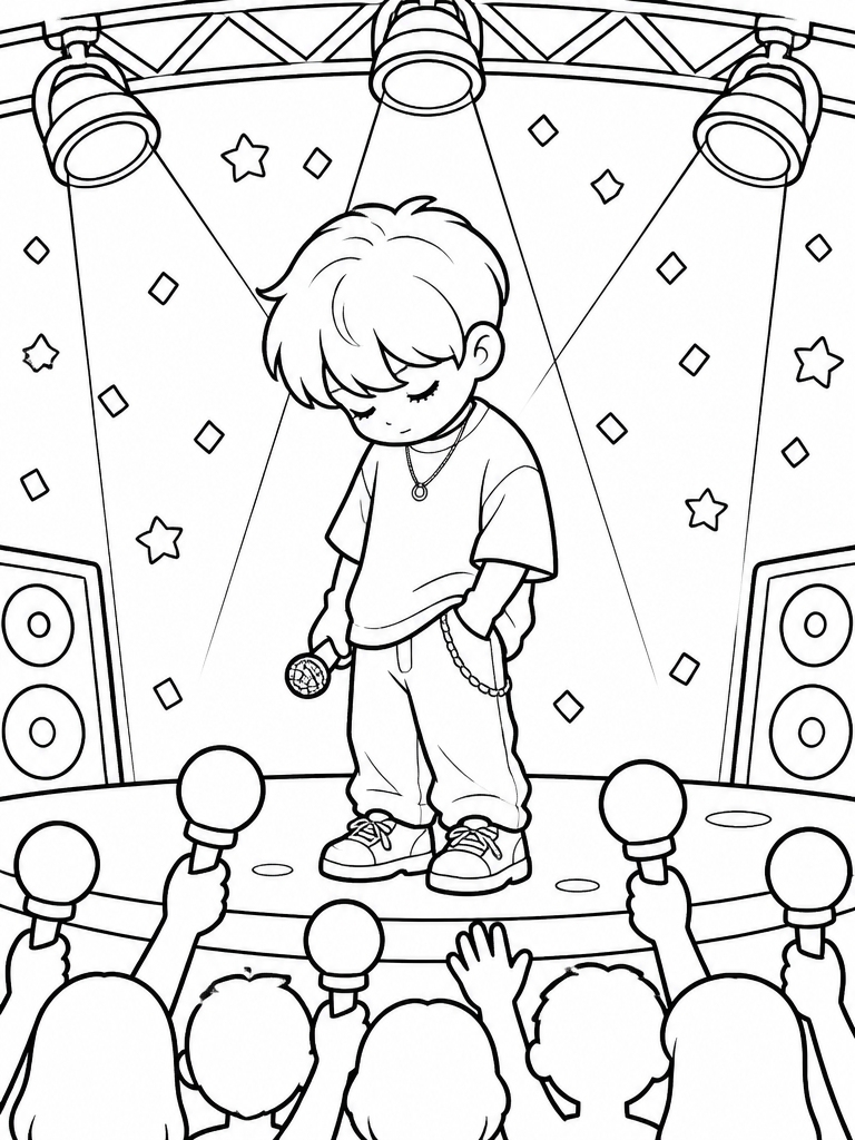 Young Jinu as kid with lowered gaze and concert mood