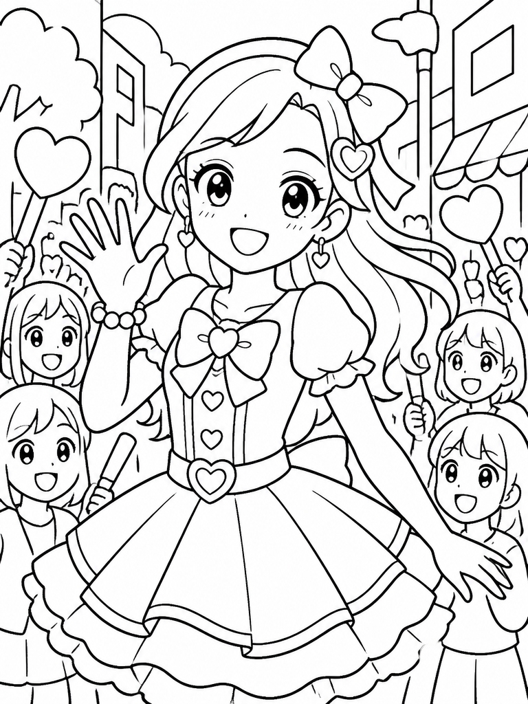Zoey smiling brightly in street crowd with cheerful idol energy